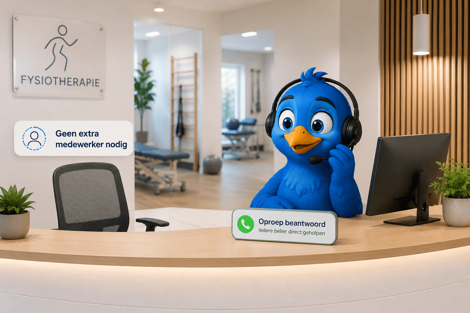 Medewerker van een fysiopraktijk aan de telefoon