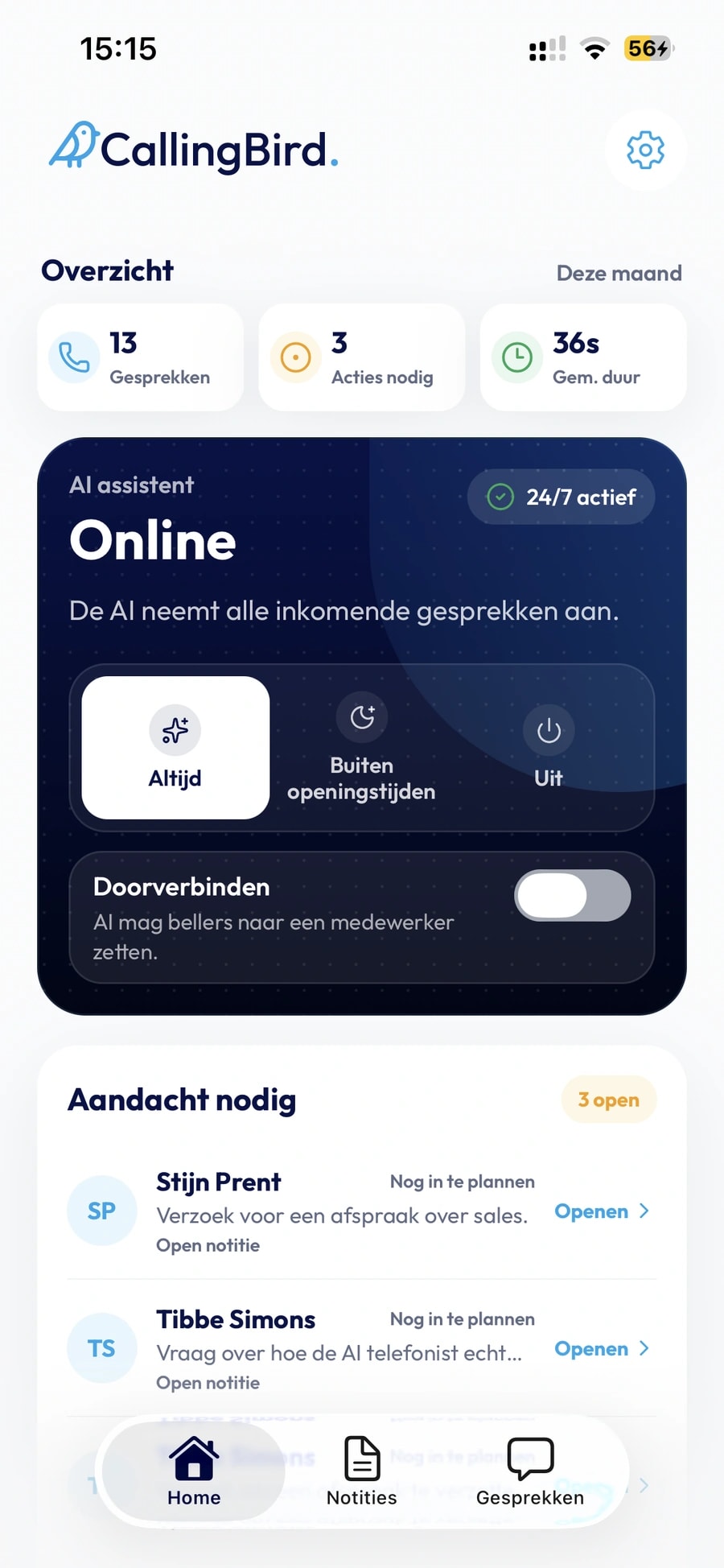 CallingBird-app op telefoon met AI-assistent online