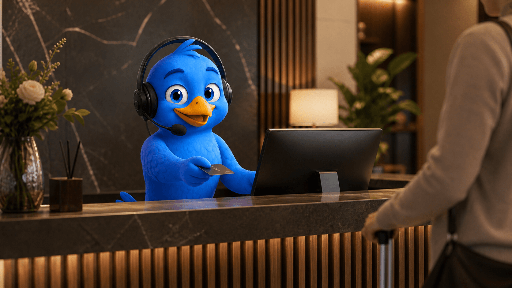 Receptie uitbesteden: AI-receptionist Birdy staat achter de receptiebalie en neemt de telefoon aan