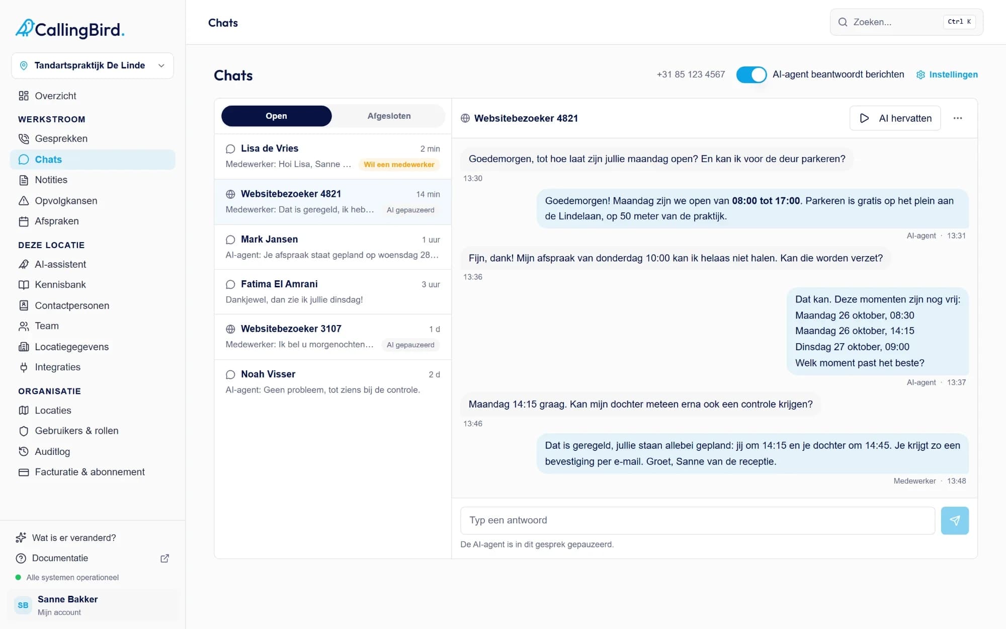 Inbox in het CallingBird-dashboard waarin een medewerker een websitechat heeft overgenomen