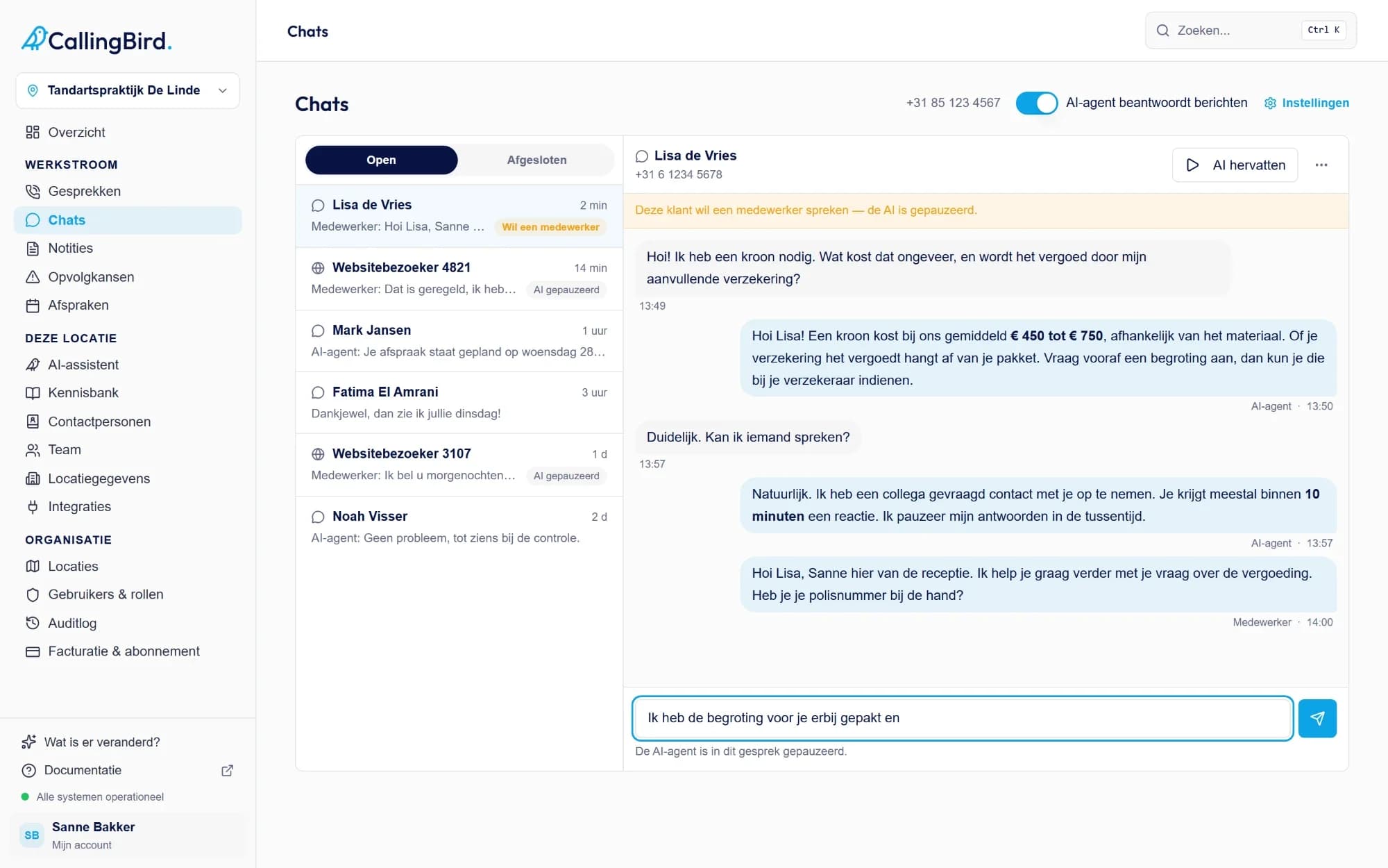 Inbox in het CallingBird-dashboard waarin een medewerker een WhatsApp-gesprek heeft overgenomen