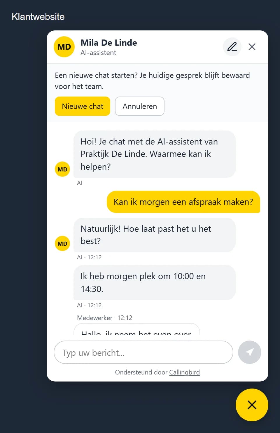 Websitechat in gele huisstijl met de knop Nieuwe chat