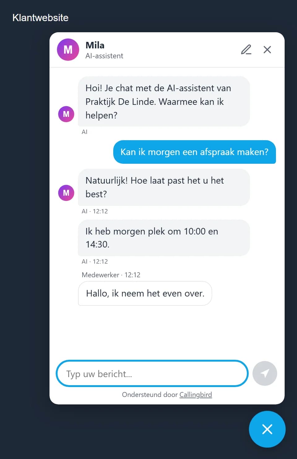 Websitechat met assistent Mila, paarse profielkleur en initialen