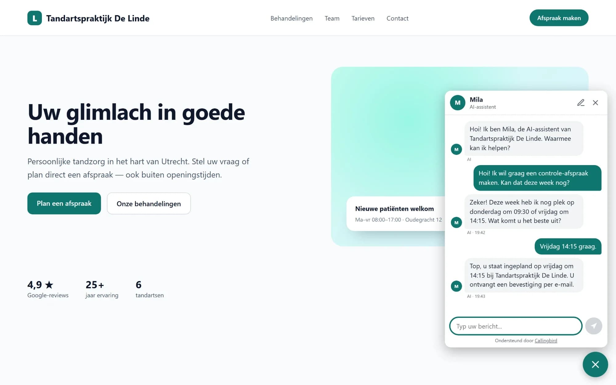 Website van een tandartspraktijk met de chat van AI-assistent Mila, die een controle-afspraak inplant